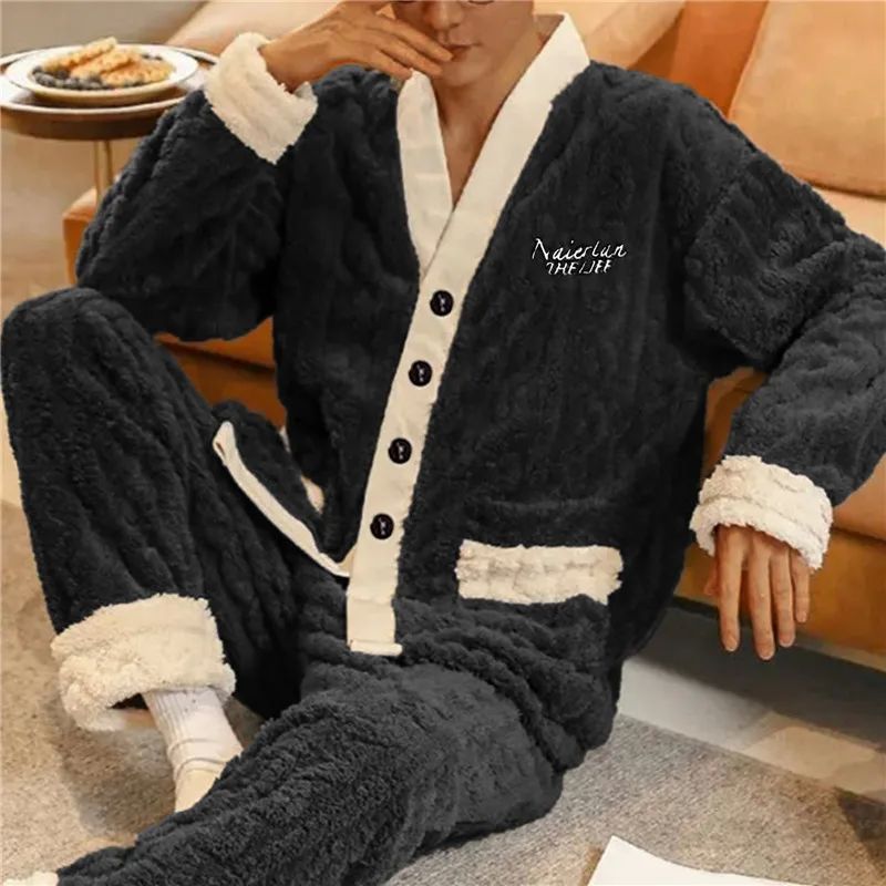 2024 New Men Winter Warm Flannel Pajamas Set V-neck Fluffy C - 图1