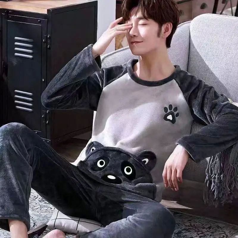 Winter Long Sleeve Thick Warm Flannel Pajama Sets for Men Co - 图1