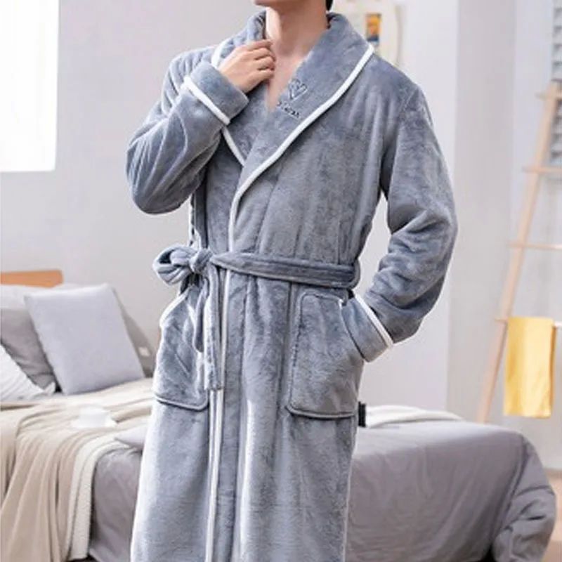 Men Bathrobe Fleece Mens Bath Robe Man Winter Warm Casual Fl - 图3