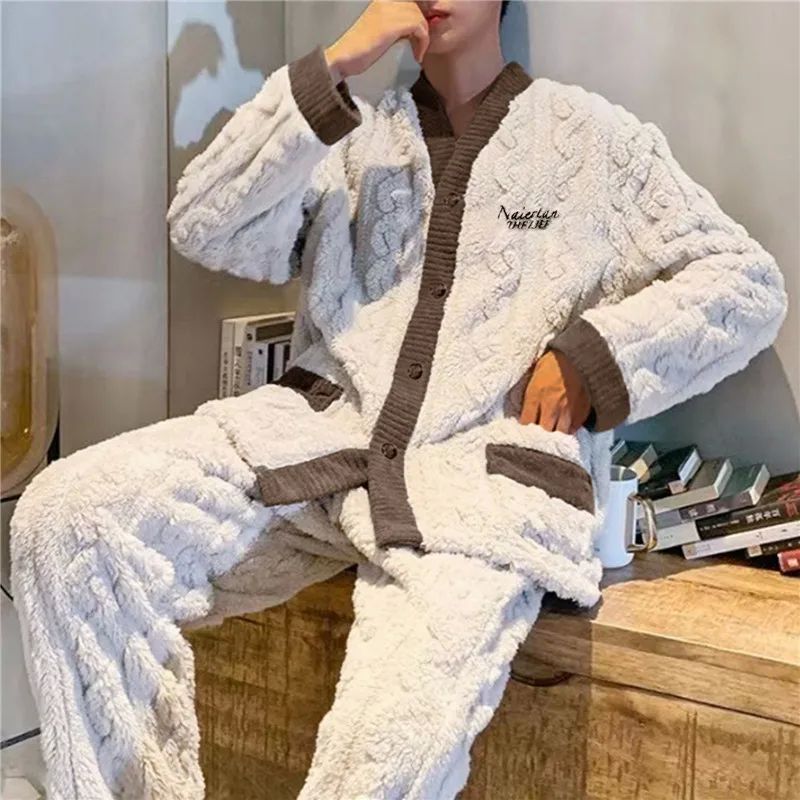 2024 New Men Winter Warm Flannel Pajamas Set V-Neck Fluffy C - 图0