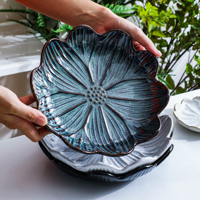 创意窑变水果盘家用餐厅陶瓷菜盘沙拉盘日式花型盘子复古刺身盘 Tomo生活特色餐具 淘优券