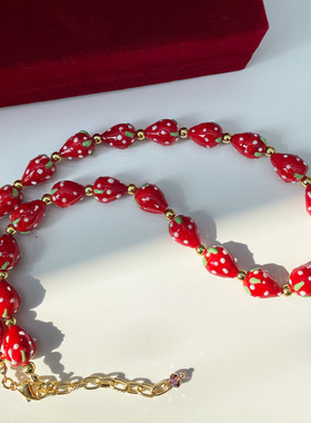 中古vintage甜美草莓立体琉璃珠红色复古高级感毛衣链项链配饰