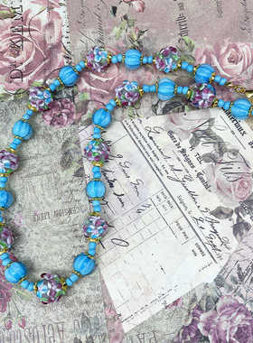 中古vintage蓝色琉璃花朵夏季新品清新唯美气质穆拉诺耳坠项链