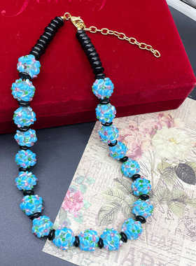 中古vintage蓝色穆拉诺琉璃花朵串珠优雅气质法式项链配饰