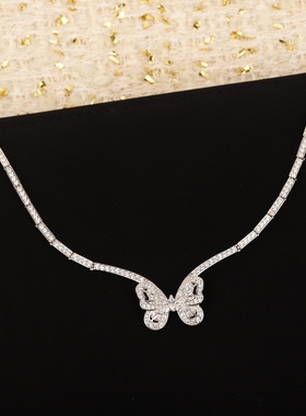 高定千金名媛满钻蝴蝶项链通体925纯银镀K金婚礼奢华气质高级颈链