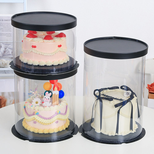 黑色透明圆形蛋糕盒4四6六8八10十12寸单双层加高生日蛋糕包装盒 - 图1