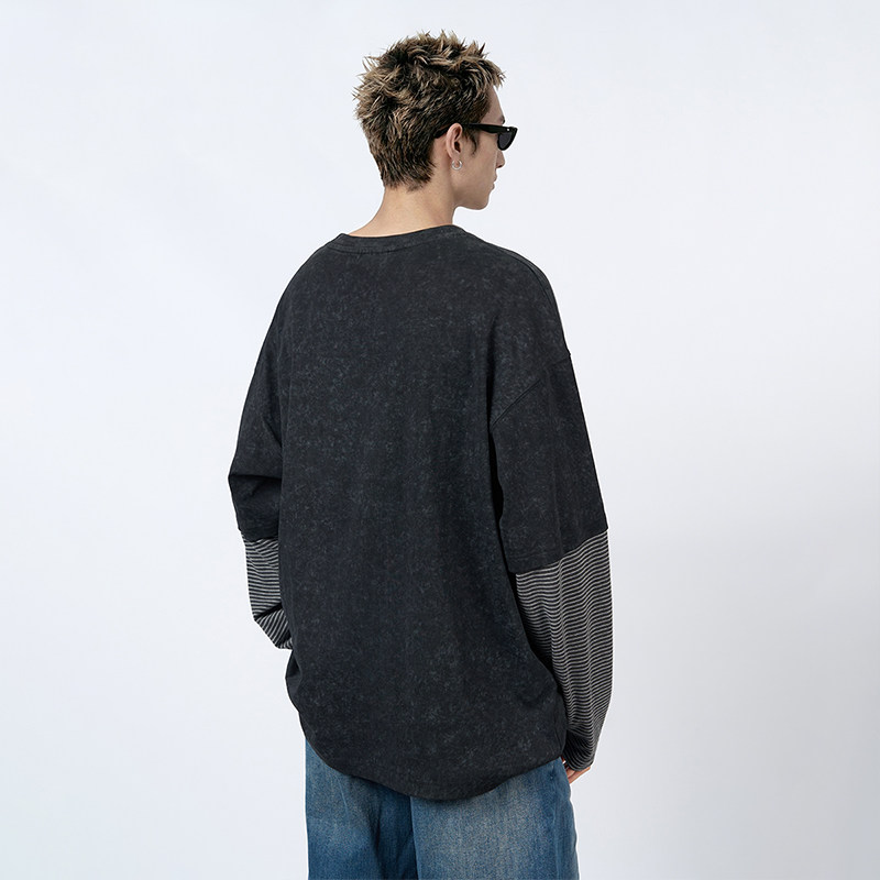 陈伟霆长袖T恤CANOTWAIT_手绘感印花撞钉艺术晕染假两件长袖T恤