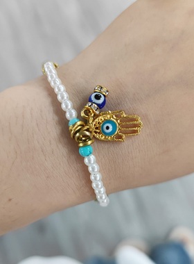 Fashion Gold Color Blue Evil Eye Hamsa Hand Fatima Palm
