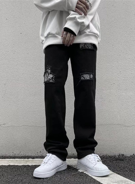 Black fake ripped jeans men's niche pants黑色假破洞牛仔裤男