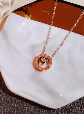 钛钢不掉色网红锁骨链新款时尚小众设计感轻奢罗马数字双环项链女