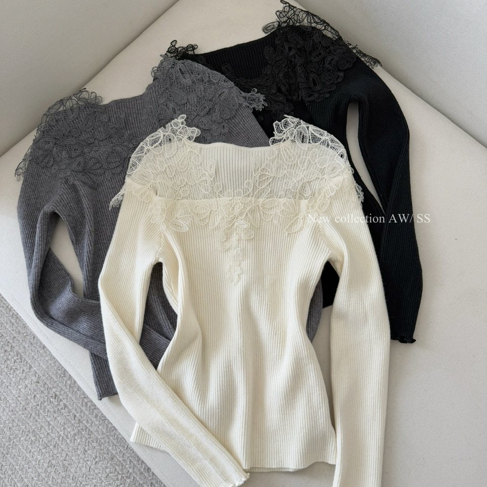 法式气质高级v领蕾丝打底衫女秋巨好看的冬装内搭温柔针织衫上衣 - 图2