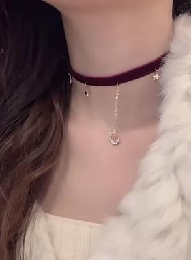 酒红丝绒项链复古圣诞节配饰敬酒服脖饰品锁骨女颈链项圈