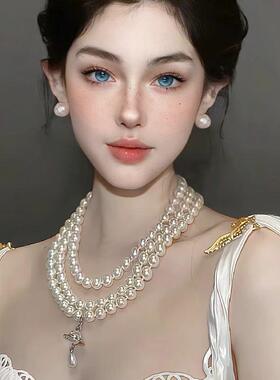 高级感多层珍珠星球项链女轻奢复古宫廷风锁骨链新娘婚纱礼服颈链