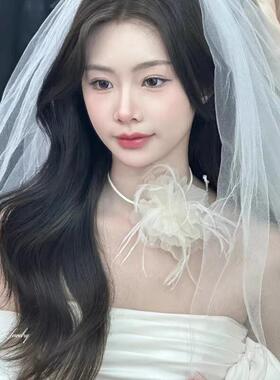 新款森系超仙灵动羽毛项炼甜美花朵颈炼韩式新娘结婚礼服锁骨炼女