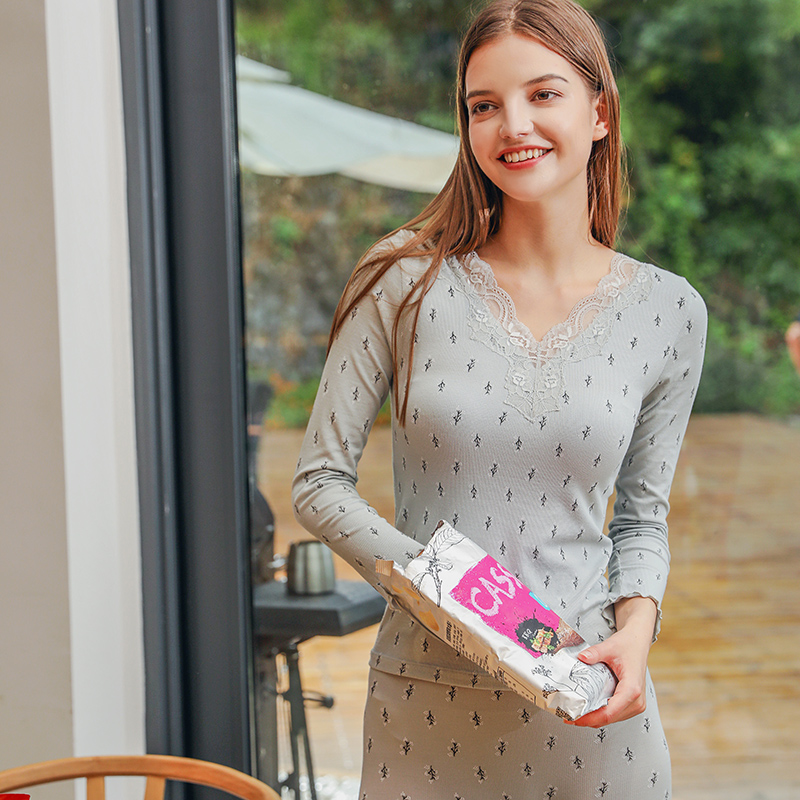 保暖内衣套装女花边V领修身款秋衣秋裤无缝薄款打底衫均码大弹力