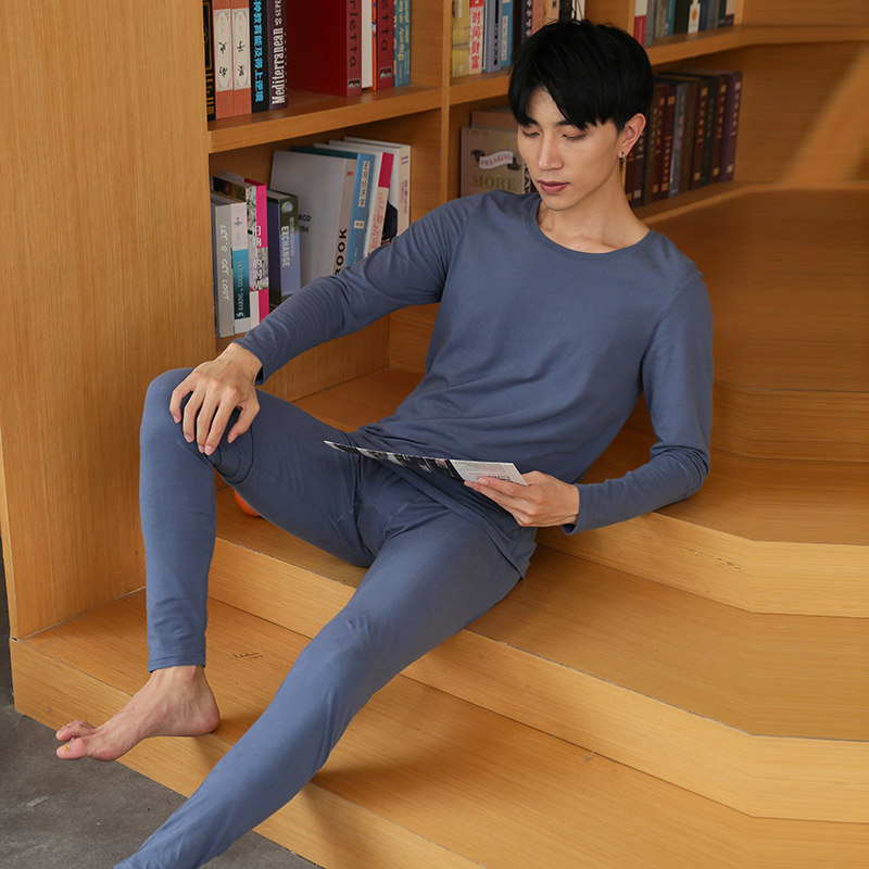 保暖内衣男士纯棉秋衣秋裤套装青年圆领薄款棉毛衫简约纯色内穿