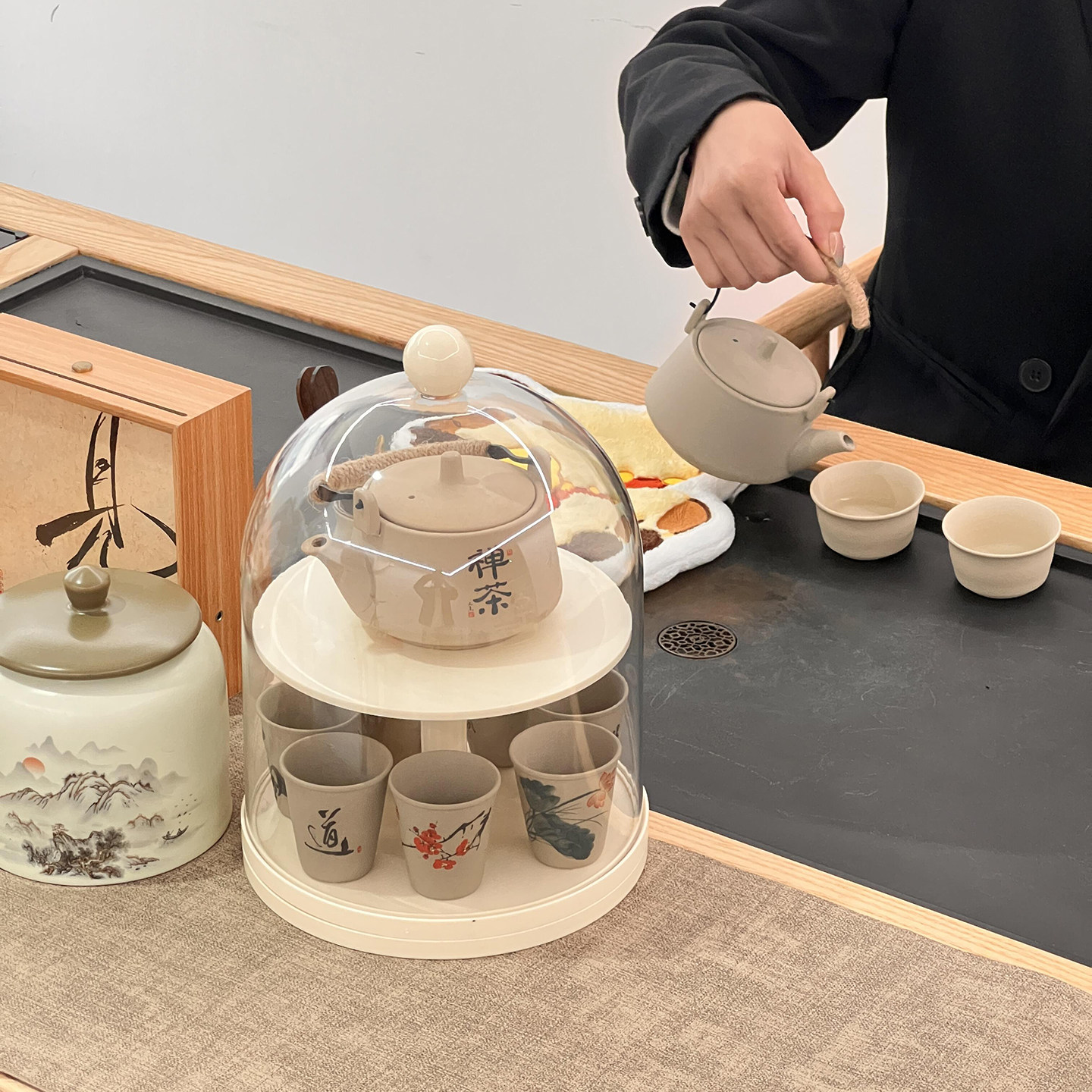 茶具收纳盒旋转带盖防尘透明茶几桌面茶叶茶杯整理存放茶壶置物架,淘宝优惠券,粉丝福利购,淘宝优惠卷