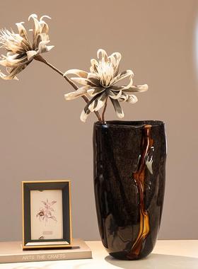 高级感黑色橘水纹复古插花器软装摆件花瓶样板房现代装饰品