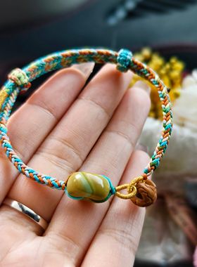 原创设计纯手工编织手绳原矿绿松平安扣精雕刻迷你桃篮女饰品礼物