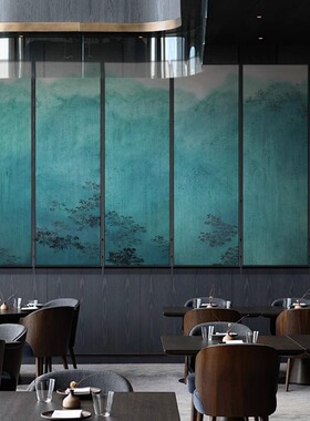 新中式酒店走廊大气风景挂画餐厅包厢会所前台壁画多联绿色装饰画