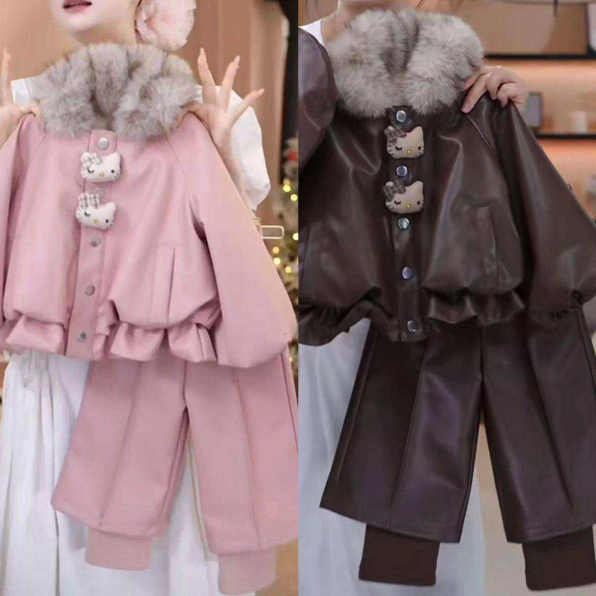 女童秋冬加绒加厚皮夹克皮裤两件套2025女宝宝防风保暖皮衣外套潮,淘宝优惠券,粉丝福利购,淘宝优惠卷