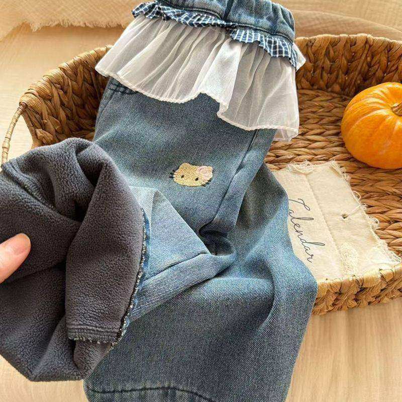 牛仔裤女童加绒冬季花边新款裤子冬装阔腿裤女宝宝儿童直筒裤,淘宝优惠券,粉丝福利购,淘宝优惠卷