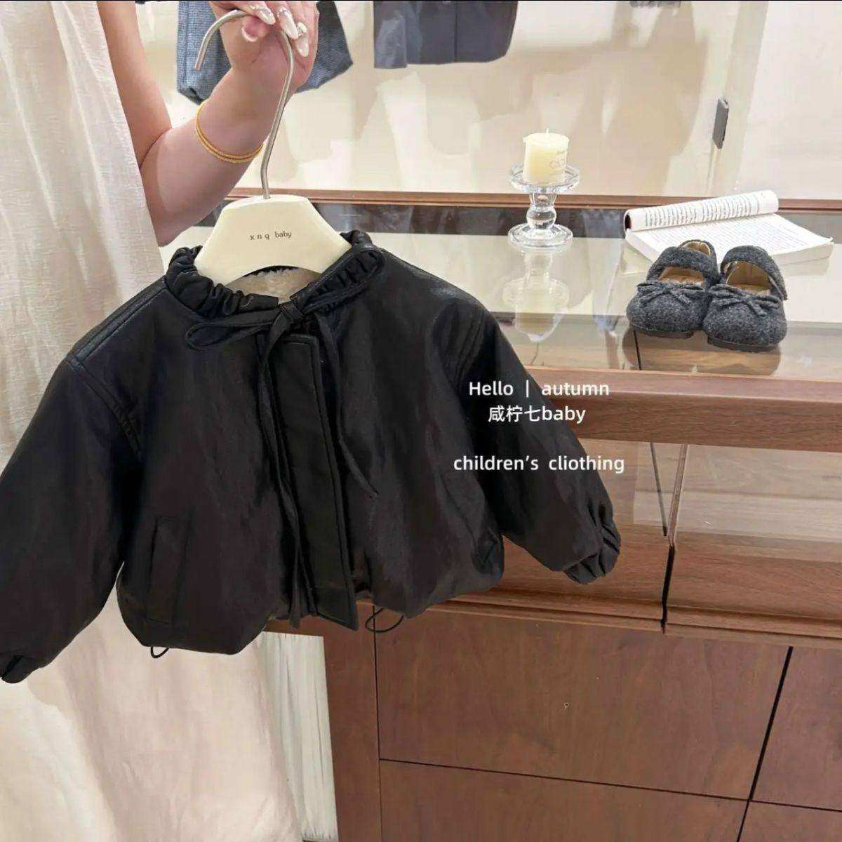 女童帅气加绒加厚皮衣外套儿童磨毛打底衫一体绒屁帘喇叭裤三件套,淘宝优惠券,粉丝福利购,淘宝优惠卷