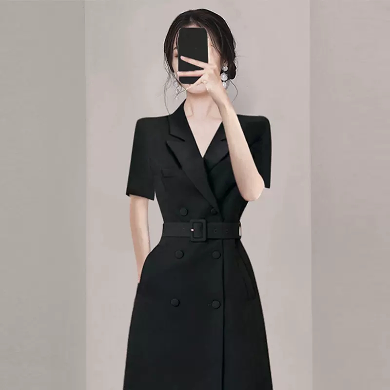 高级感职业通勤OL黑色西装裙2024夏季新款女装收腰名媛气质连衣裙-图1