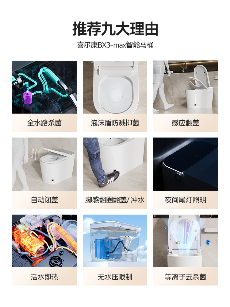 喜尔康智能马桶家用内置泡沫盾自动翻盖无水压全智能坐便器BX3max - 图2