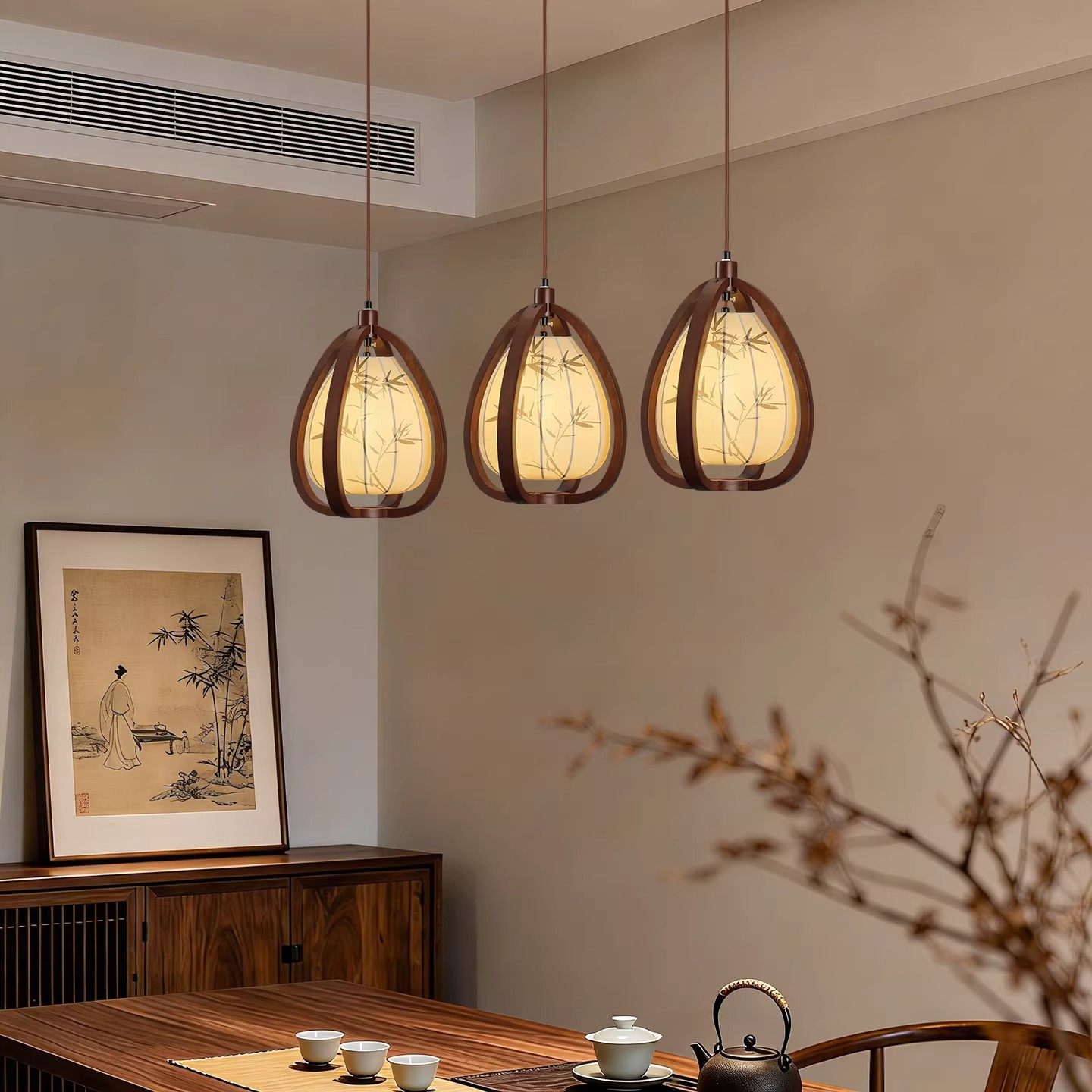 宋代美学三头长盘吊灯中古风竹叶水墨画东方禅意茶室餐厅吊线灯,淘宝优惠券,粉丝福利购,淘宝优惠卷