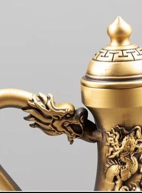 黄铜浮雕高脚龙凤壶八仙酒壶仿古酒壶水壶双龙把把壶摆件古玩收藏