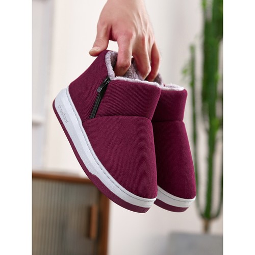 日式中老年厚底防滑棉拖鞋包跟保暖居家用冬季毛毛带后跟老人棉鞋 - 图0