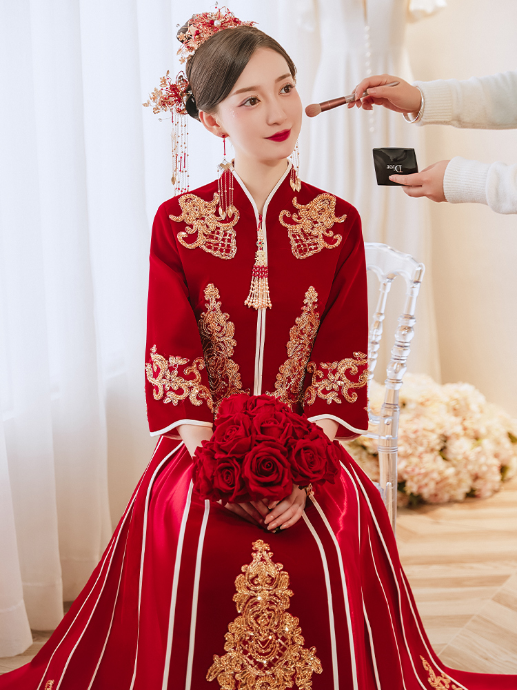 秀禾服新娘2021新款中式婚纱结婚敬酒服显瘦龙凤褂复古出阁服秀和 - 图0