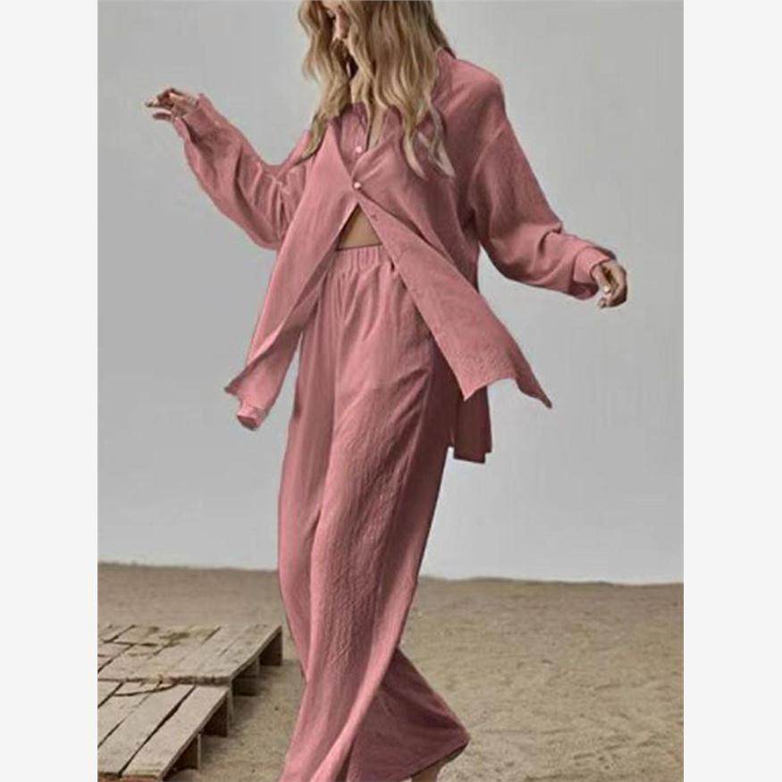 2022wish亚马逊长袖气质通勤肤色亚麻纯色开衩长衫和阔腿裤套装,淘宝优惠券,粉丝福利购,淘宝优惠卷