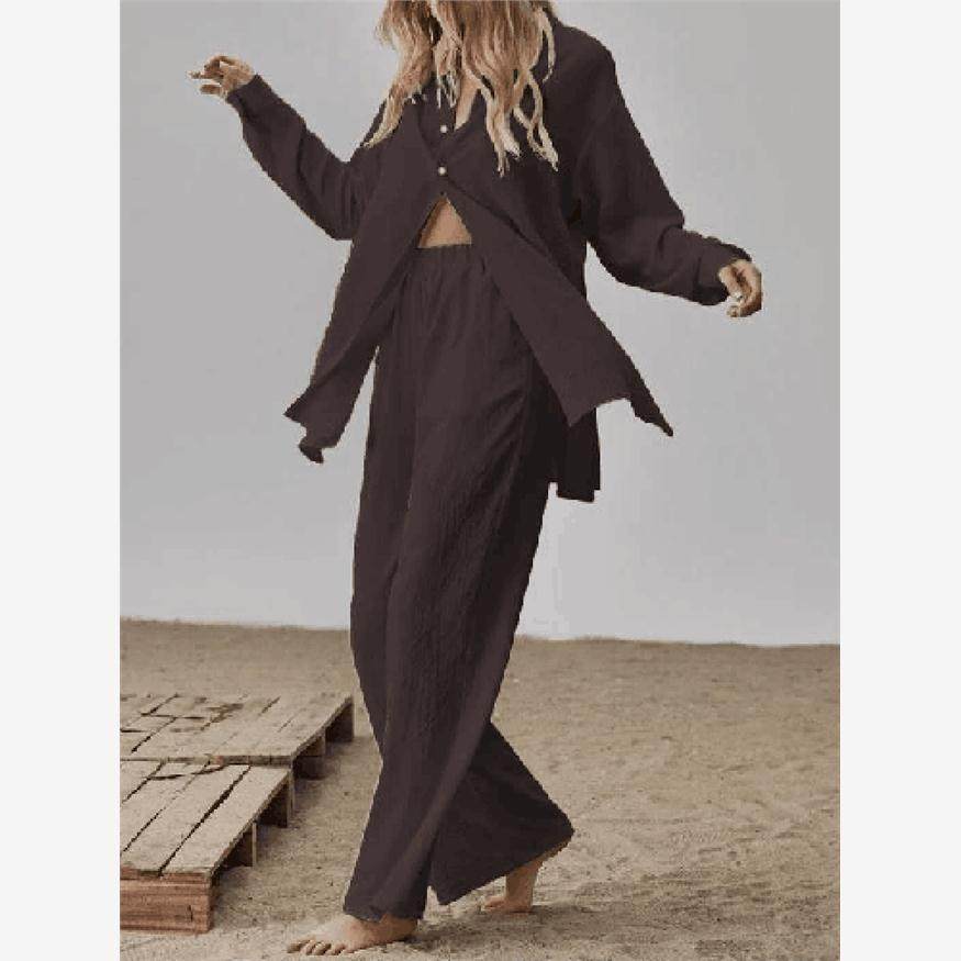 2022wish亚马逊长袖气质通勤肤色亚麻纯色开衩长衫和阔腿裤套装,淘宝优惠券,粉丝福利购,淘宝优惠卷