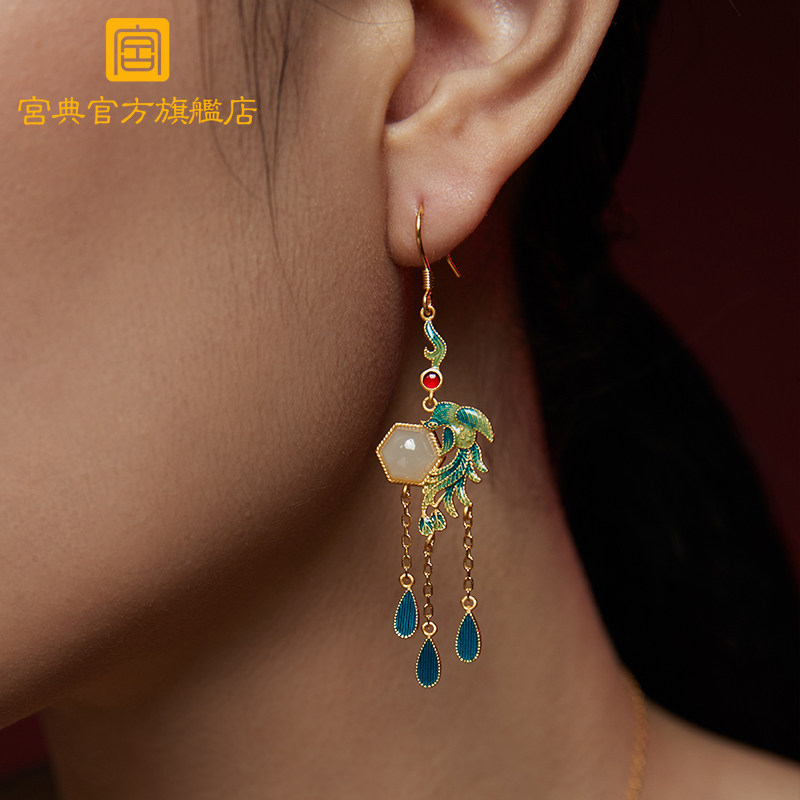 宫典国潮新款轻奢南红长和田玉耳环 宫典珠宝耳环