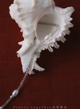 纯银项链×天然碧玺蓝灰色水晶拼接淡水珍珠复古秋季项链女气质