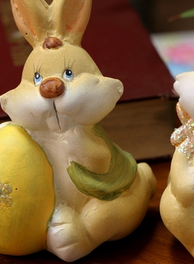 复古手绘陶艺兔子复活节小兔摆件
