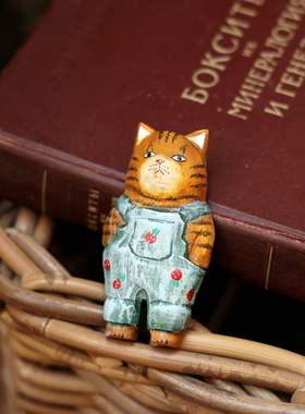 可爱虎纹猫咪手工木雕磁性冰箱贴