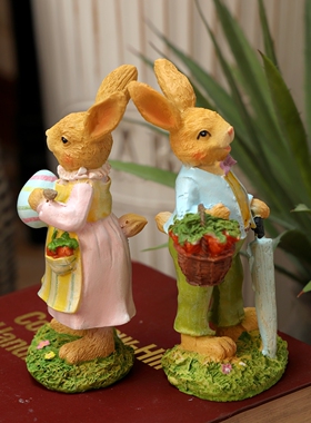 复古做旧兔子夫妇情侣情人节摆件