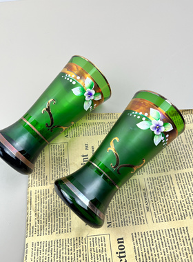 轻奢西洋捷克波西米亚绿色鎏金彩绘水晶玻璃杯花瓶摆件