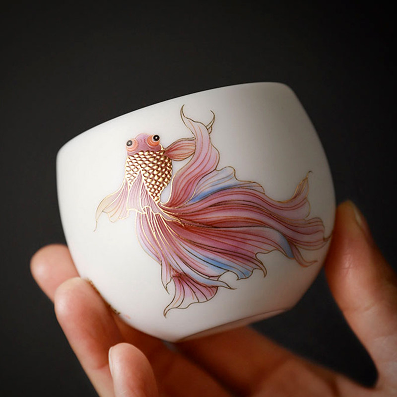 描金鱼丨羊脂玉白瓷主人杯轻奢高档单杯功夫陶瓷男女个人专用茶杯,淘宝优惠券,粉丝福利购,淘宝优惠卷