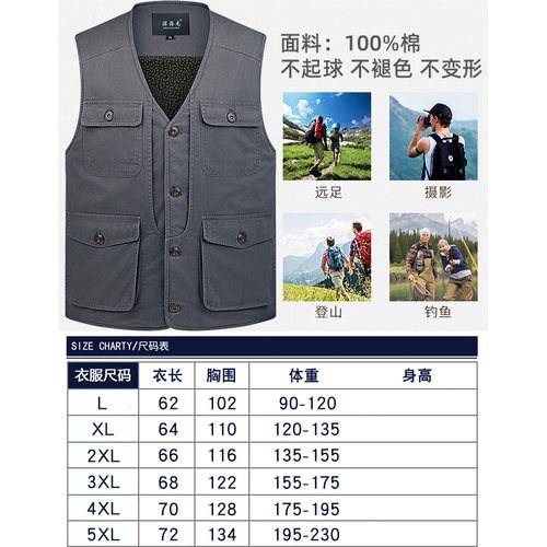 冬季加绒加厚保暖马甲中老年男士爸爸装坎肩爷爷多口袋纽扣款背心 - 图0