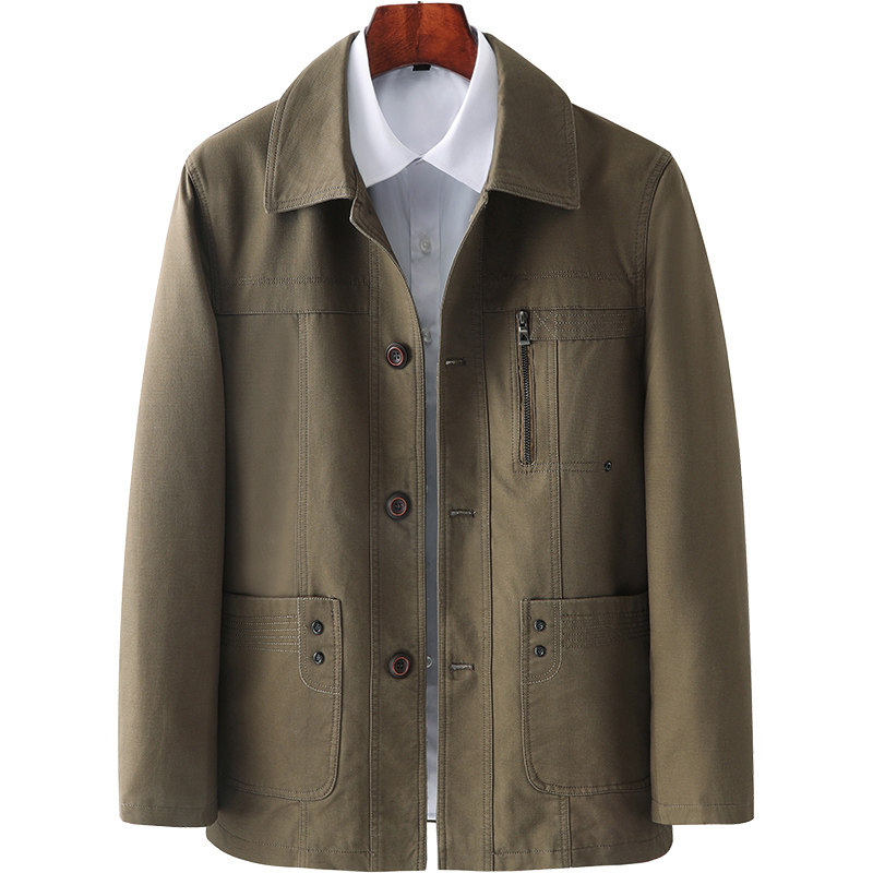 纽扣款纯棉春秋装外套中老年男士休闲夹克爸爸装宽松大码透气上衣