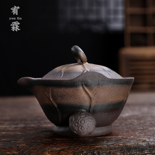粗陶花型壶耳功夫茶具手抓壶手工禅意茶壶复古鎏金铁釉盖碗陶瓷 - 图0