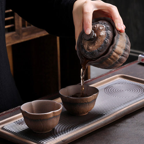 粗陶花型壶耳功夫茶具手抓壶手工禅意茶壶复古鎏金铁釉盖碗陶瓷 - 图3