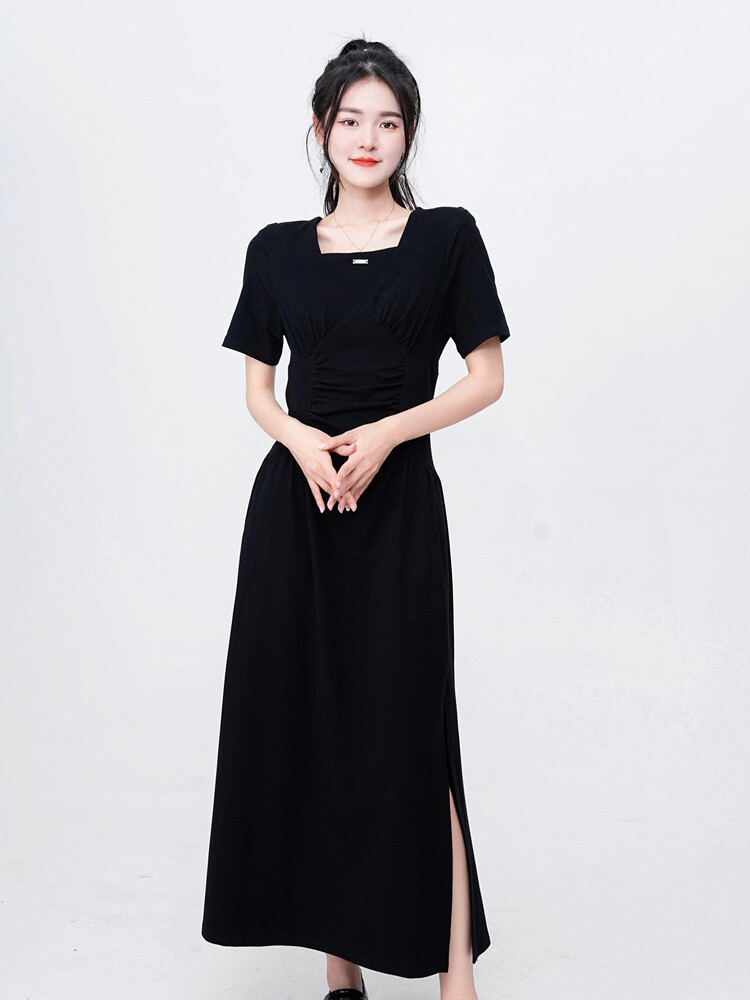 黑色气质方领开衩中长款短袖连衣裙半袖过膝长裙收腰显瘦性感欧货