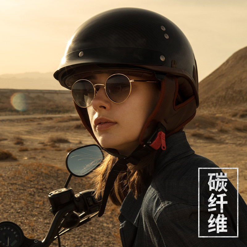 野马头盔官方旗舰3C认证碳纤维电动摩托车安全帽男女四季复古半盔-图0