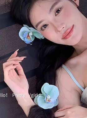 春夏海边绿色薄荷蝴蝶兰花朵发夹女前额侧边刘海发卡海岛头花发饰