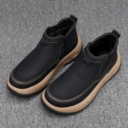 高帮男鞋冬季加绒保暖厚底雪地靴真皮防滑轻便时尚套筒切尔西棉靴 - 图2